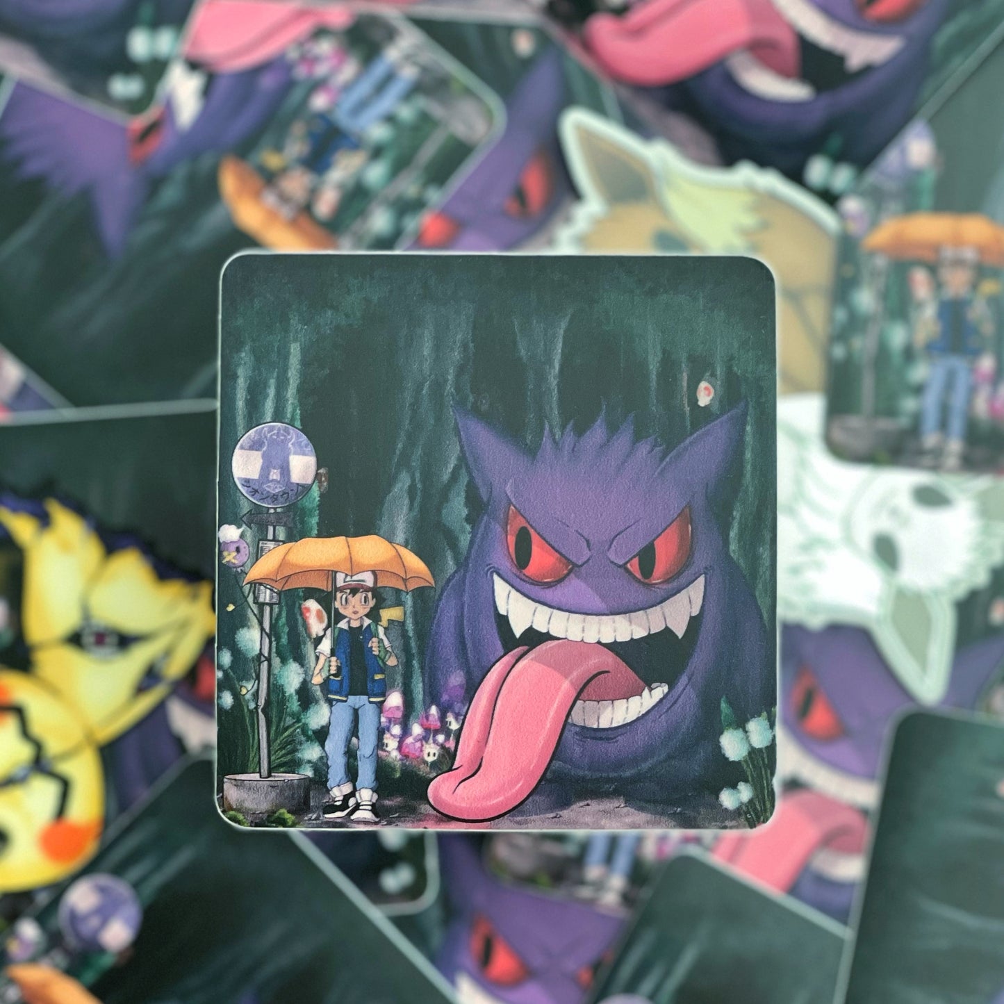 A Vinyl sticker featuring the Pokemon Gengar drawn in the style of My Neighbor Totoro