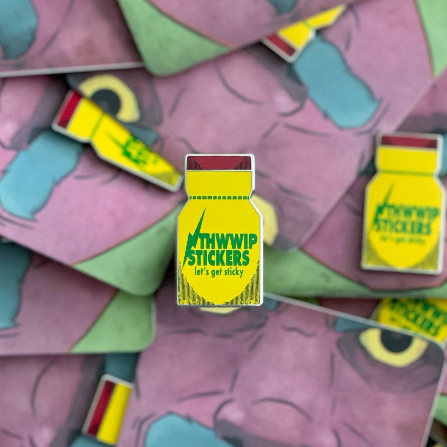 Enamel pin in the style of vintsage rush bottles