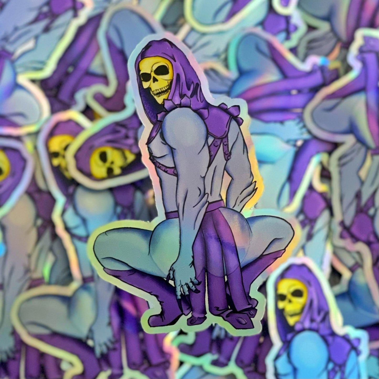 Skeletor twerking with holographic embossing