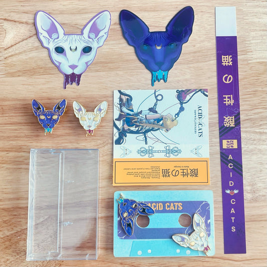 sailormoon inspired cyberpunk style enamel pin and sticker set complete with casset tape case.