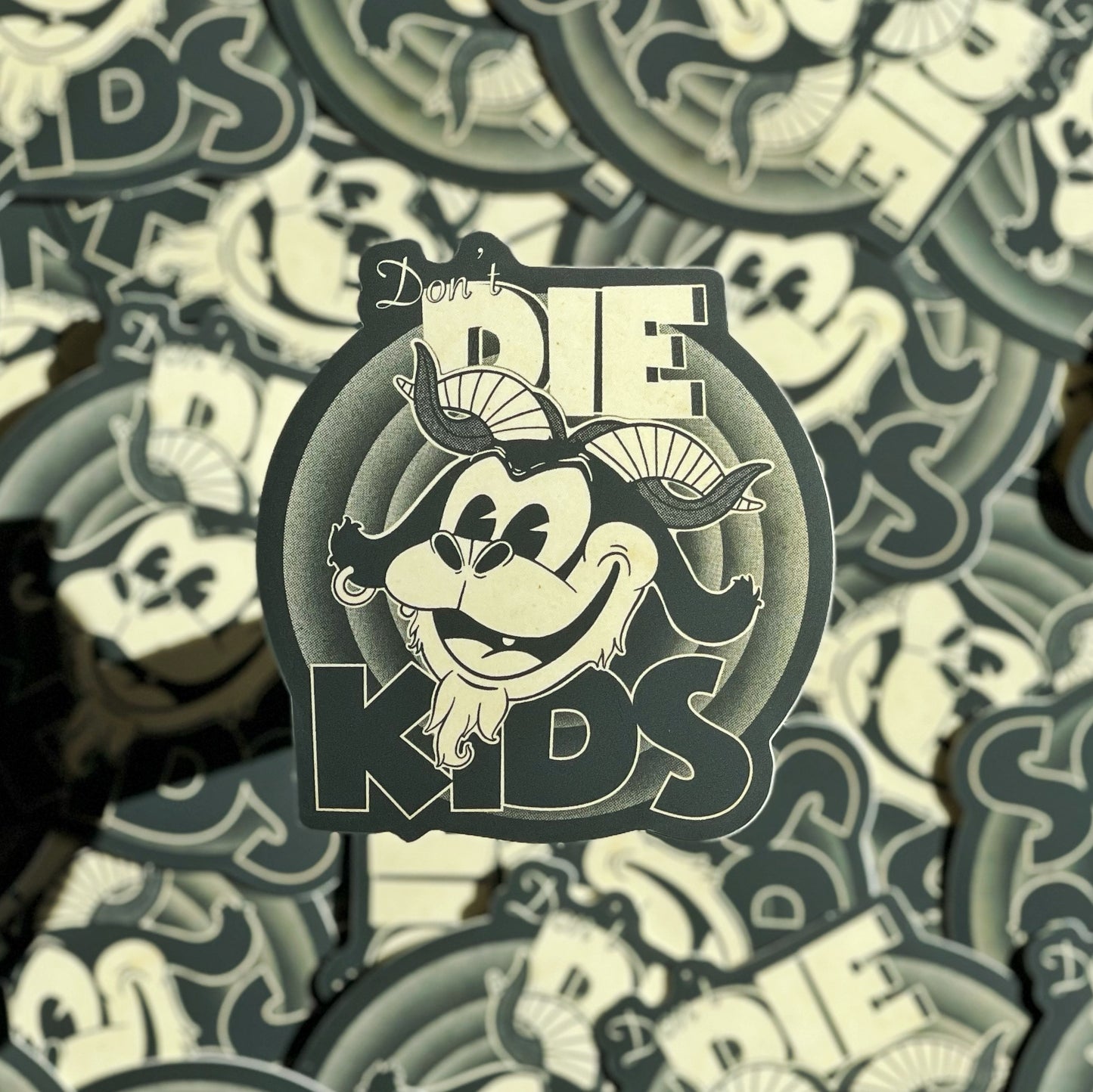 a sticker of a max fleischer inspired baphomet issuing a fun warning in a retro animation style