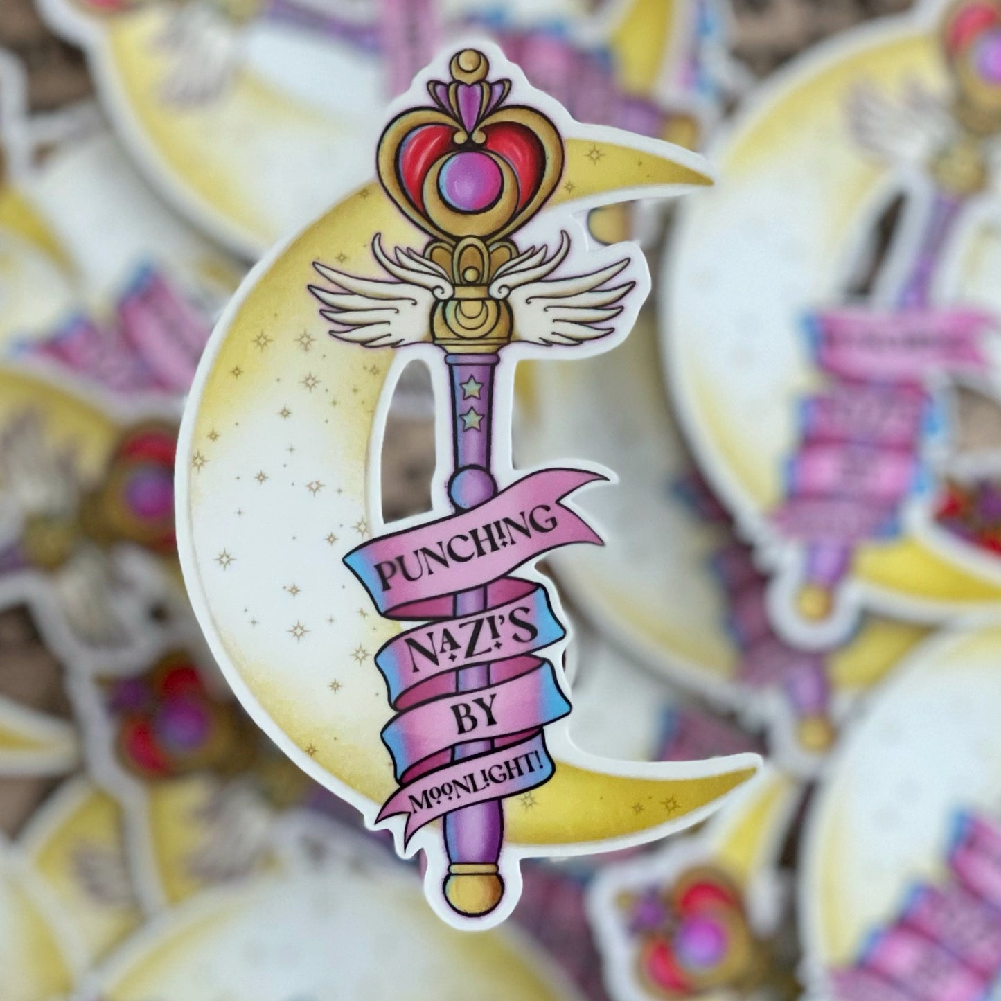 Anti fascism Sailormoon inspired vinyl sticker proclaiming to punch Nazi's by moonlight